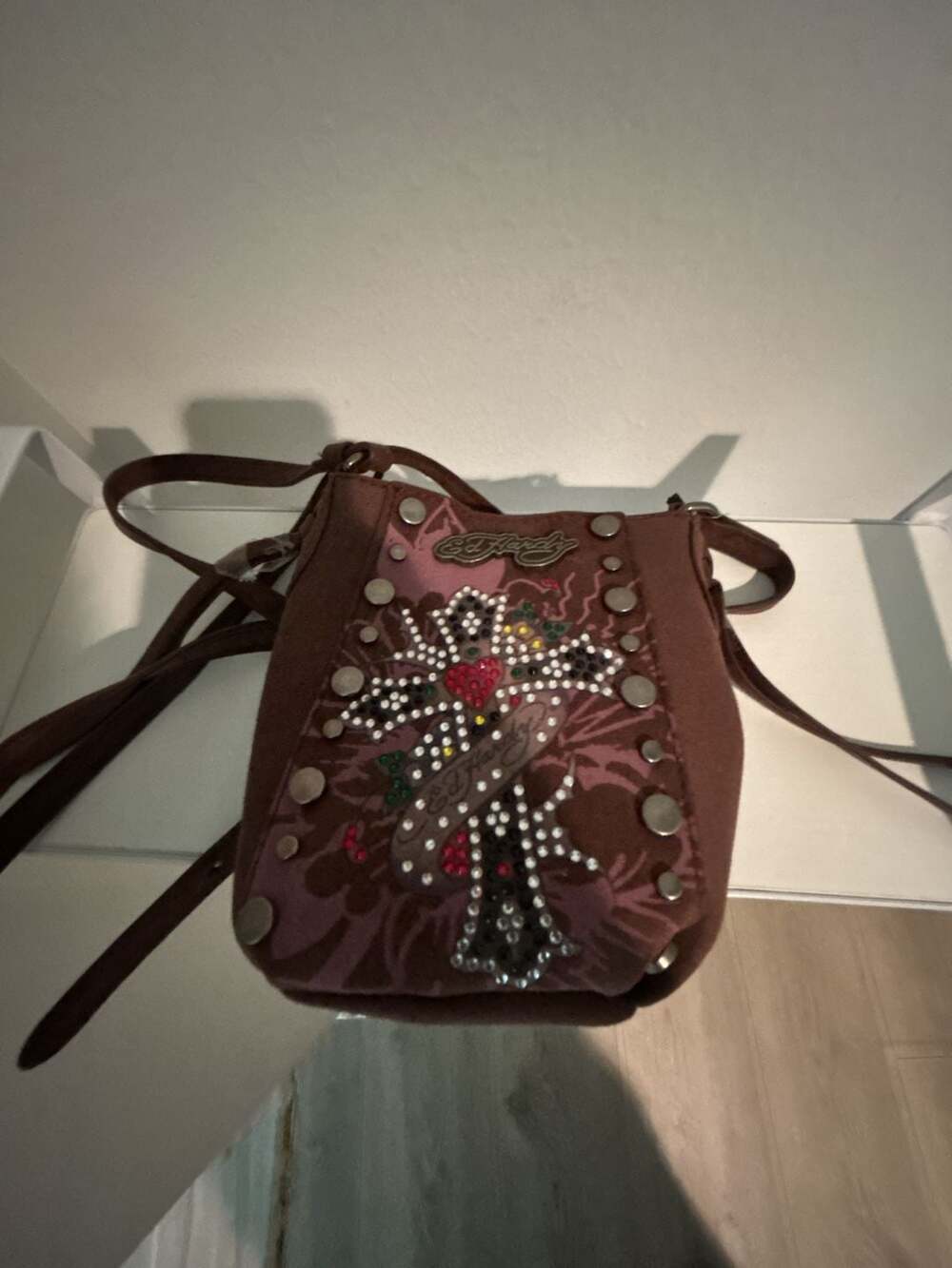 Ed Hardy Brown Rhinestone Crossbody Bag NWT